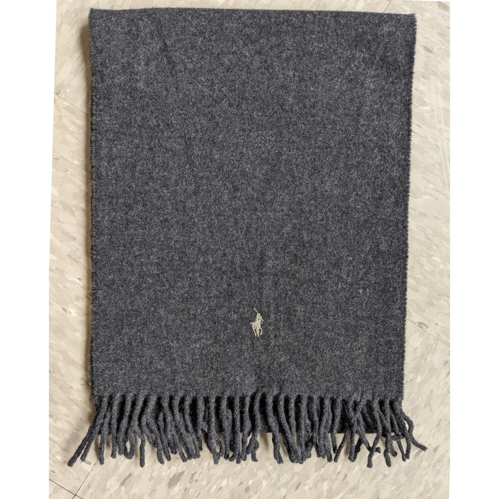 Polo Ralph Lauren Gray Lambswool Scarf Made in Scotland Fringed Pony Logo